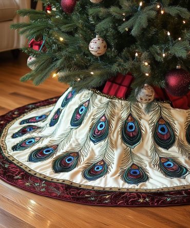 Peacock Feather Christmas Tree Skirt With Crimson Border — Custom Quilted Holiday Décor, Handmade & Made-To-Order Gift For Elegant Homes
