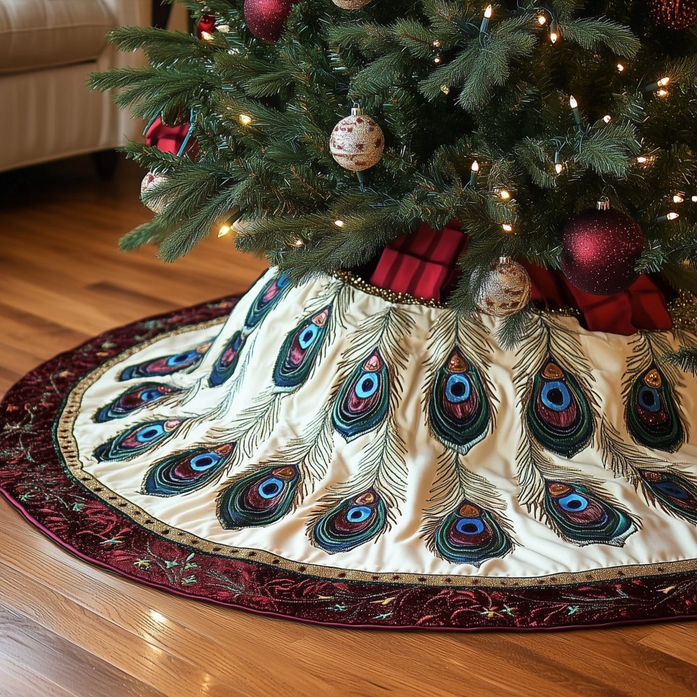 Peacock Feather Christmas Tree Skirt With Crimson Border — Custom Quilted Holiday Décor, Handmade & Made-To-Order Gift For Elegant Homes