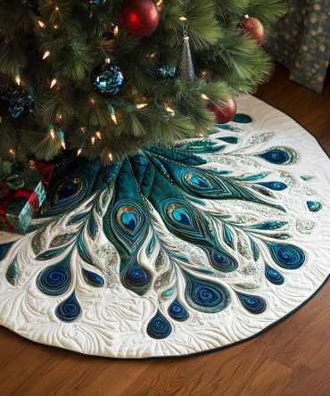 Ivory Christmas Tree Skirt With Emerald Feather Fan Design — Luxury Custom Quilted Holiday Decor, Handmade & Made-To-Order