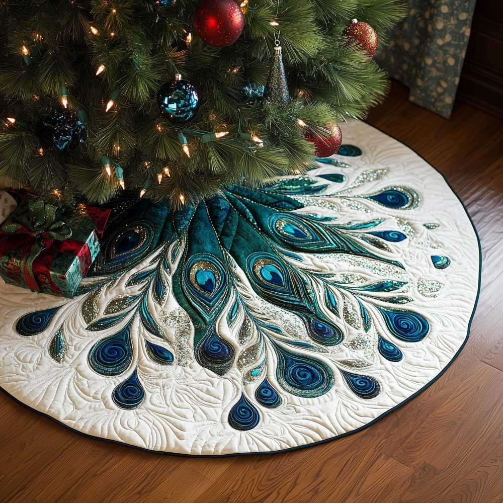 Ivory Christmas Tree Skirt With Emerald Feather Fan Design — Luxury Custom Quilted Holiday Decor, Handmade & Made-To-Order
