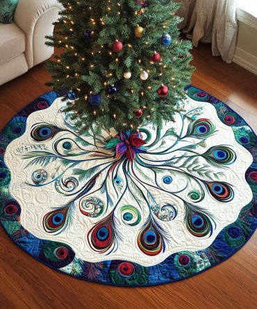 Peacock Feather Fan Christmas Tree Skirt With Blue Rim - Handmade, Made-To-Order Luxury Holiday Tree Accent