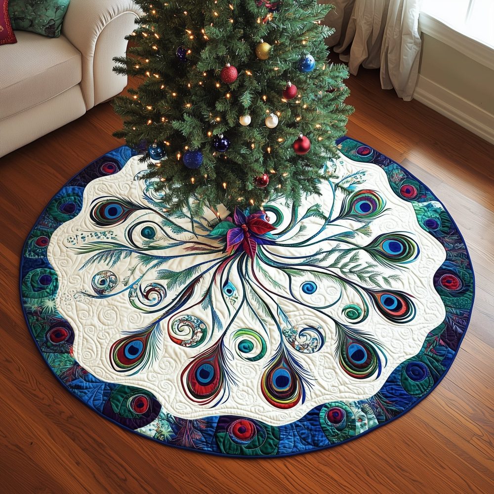 Peacock Feather Fan Christmas Tree Skirt With Blue Rim - Handmade, Made-To-Order Luxury Holiday Tree Accent