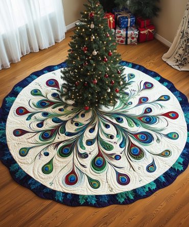 Green Peacock Feather Tree Skirt With Teal Rim - Handmade, Made-To-Order Holiday Skirt For Elegant Christmas Styling