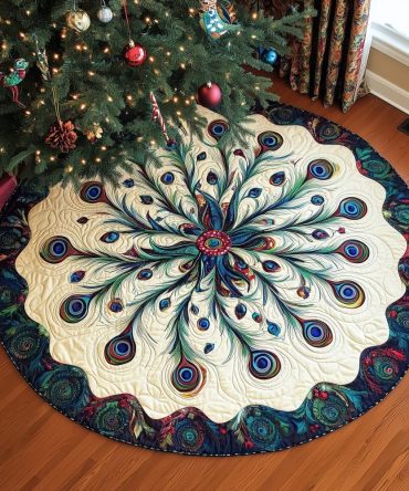 Dark Feather Rosette On Cream Tree Skirt — Elegant Made-To-Order Neutral Holiday Base With Refined Decorative Accent