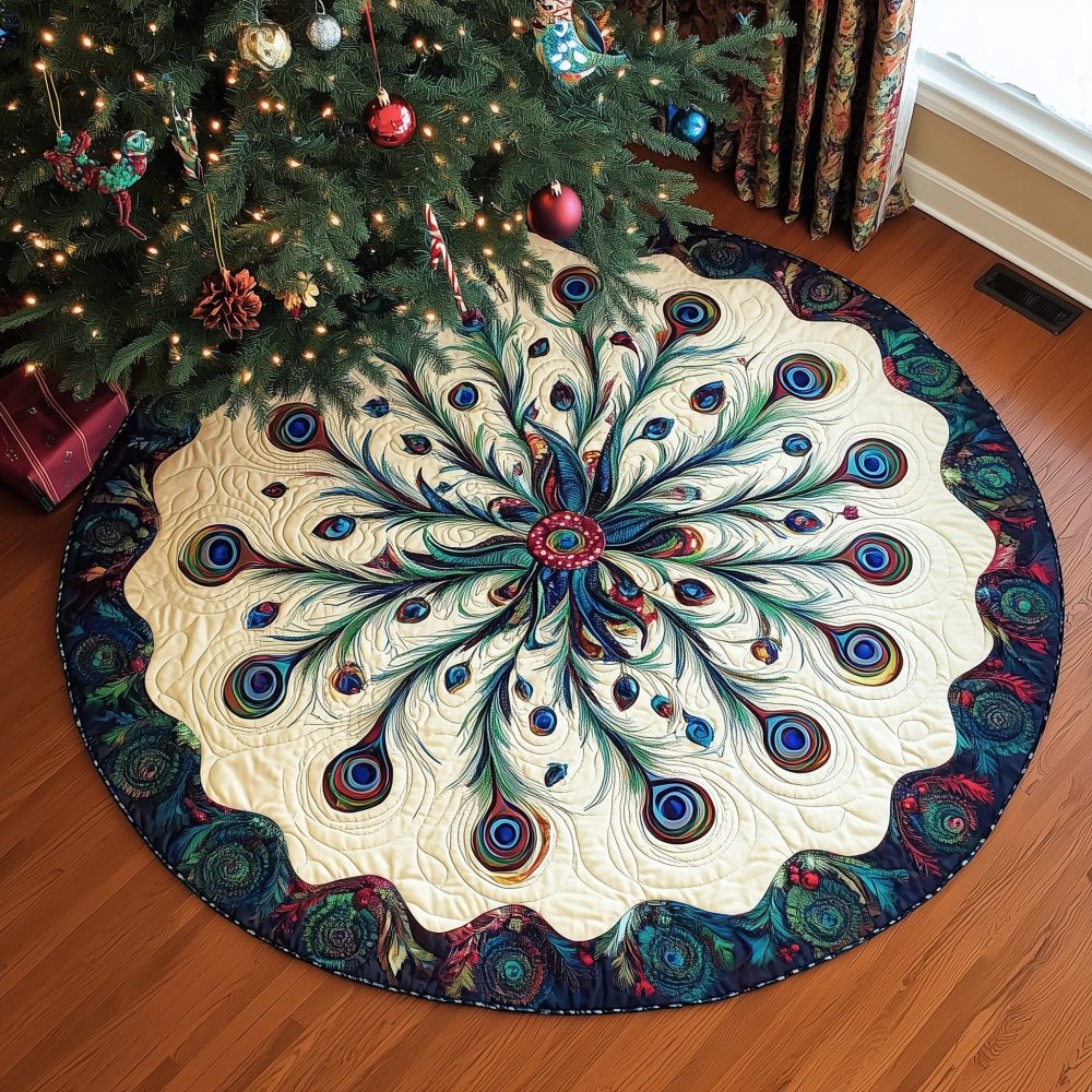 Dark Feather Rosette On Cream Tree Skirt — Elegant Made-To-Order Neutral Holiday Base With Refined Decorative Accent