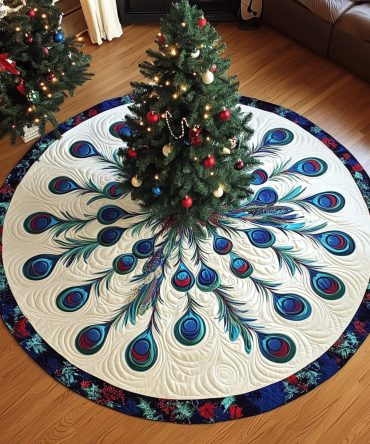 Luxurious Blue Feather Burst Christmas Tree Skirt With Floral Border - Handmade Made-To-Order Holiday Tree Décor & Gift