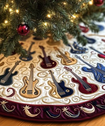 Burgundy-Edged Cream Christmas Tree Skirt With Guitar Pattern — Custom Quilted Holiday Decor For Music Lovers, Made-To-Order