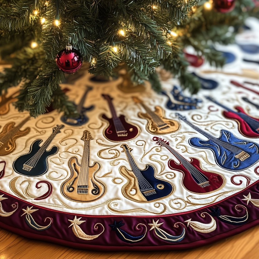 Burgundy-Edged Cream Christmas Tree Skirt With Guitar Pattern — Custom Quilted Holiday Decor For Music Lovers, Made-To-Order