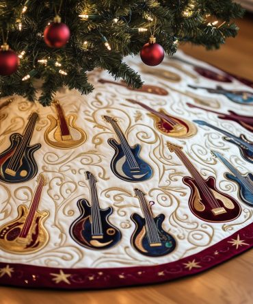 White Christmas Tree Skirt With Bold Red Border & Guitar Motifs — Custom Quilted Holiday Decor For Musicians, Made-To-Order