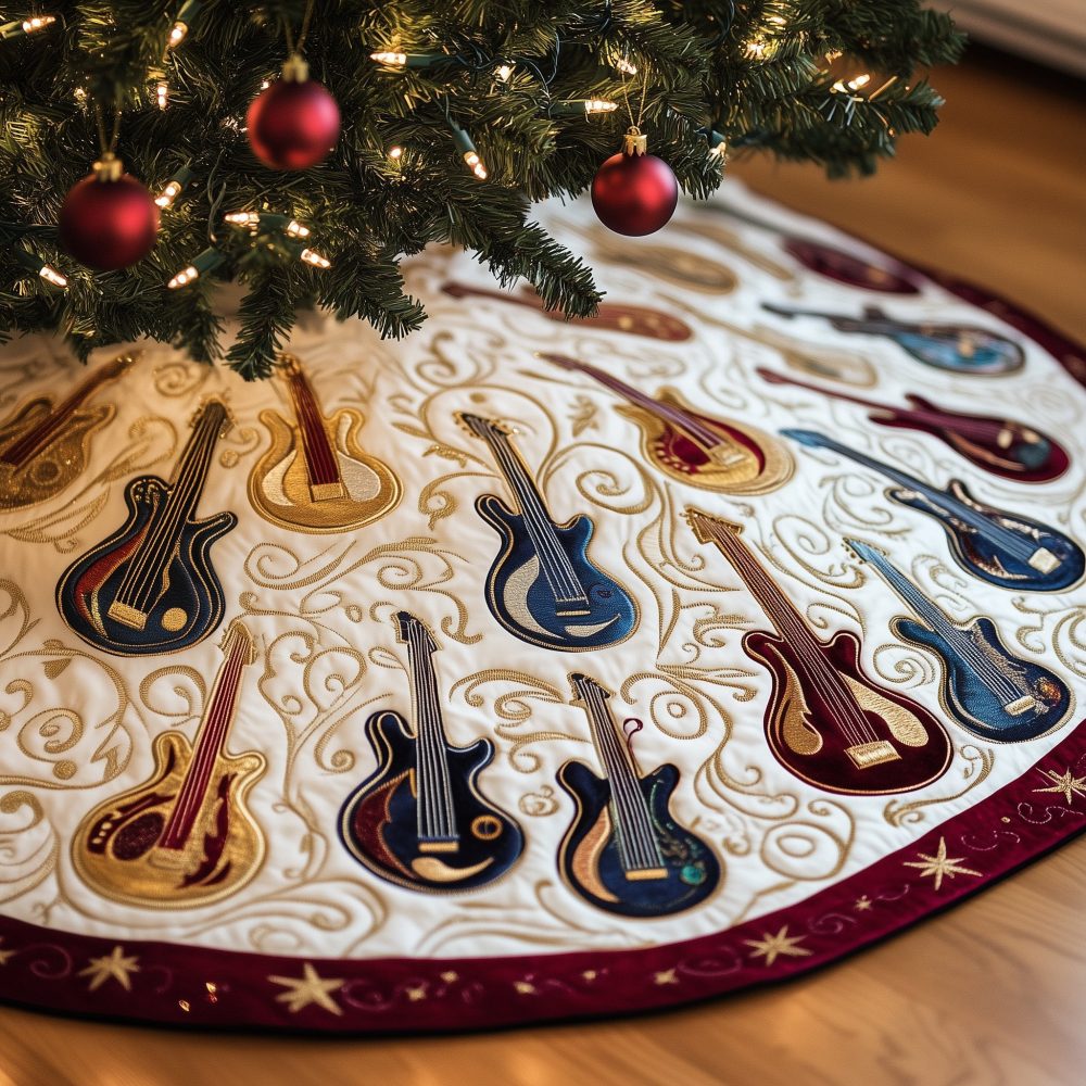 White Christmas Tree Skirt With Bold Red Border & Guitar Motifs — Custom Quilted Holiday Decor For Musicians, Made-To-Order