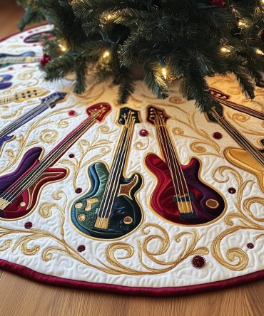 Ivory Quilted Christmas Tree Skirt With Guitar Swirl Quilt Pattern — Custom-Made Holiday Decor For Guitar Fans, Made-To-Order