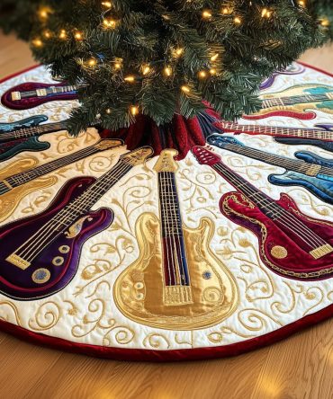 Cream Christmas Tree Skirt With Gold & Red Guitars — Custom Quilted Holiday Accent For Musicians, Handmade & Made-To-Order
