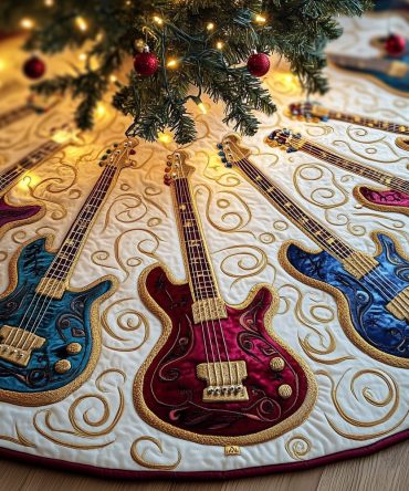 Cream Tree Skirt With Blue & Red Guitars — Custom Quilted Christmas Skirt For Musicians, Made-To-Order Holiday Home Accent