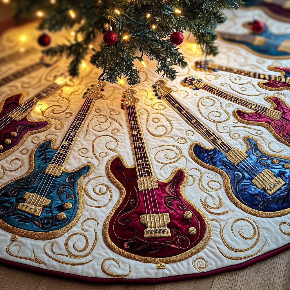 Cream Tree Skirt With Blue & Red Guitars — Custom Quilted Christmas Skirt For Musicians, Made-To-Order Holiday Home Accent