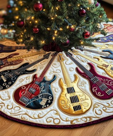 Custom Christmas Tree Skirt Featuring Golden Guitar Among Colorful Guitars — Quilted, Handmade Holiday Decor For Musicians