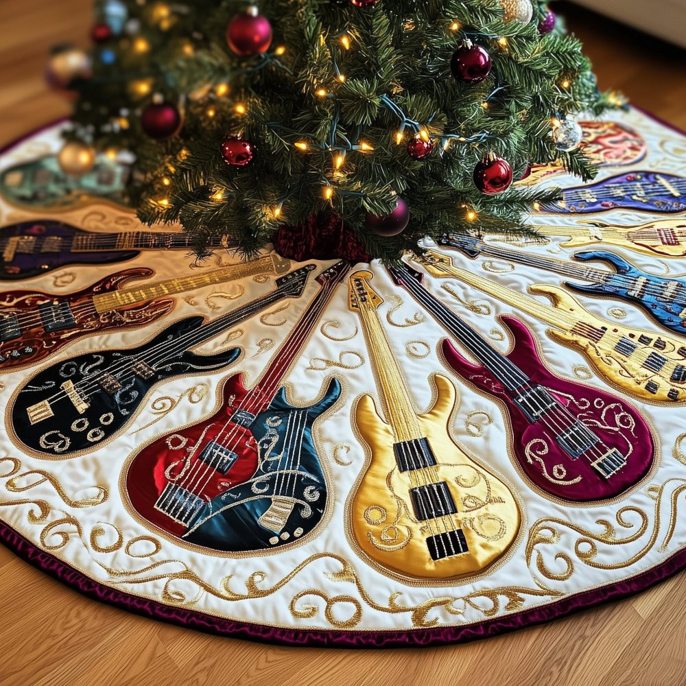 Custom Christmas Tree Skirt Featuring Golden Guitar Among Colorful Guitars — Quilted, Handmade Holiday Decor For Musicians