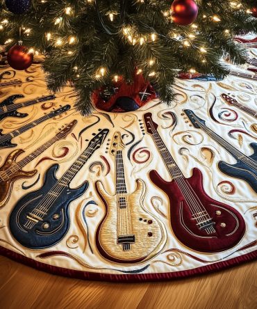 Cream Christmas Tree Skirt With Dark Red & Blue Guitars — Custom Quilted Holiday Decor For Musicians, Made-To-Order & Personalized