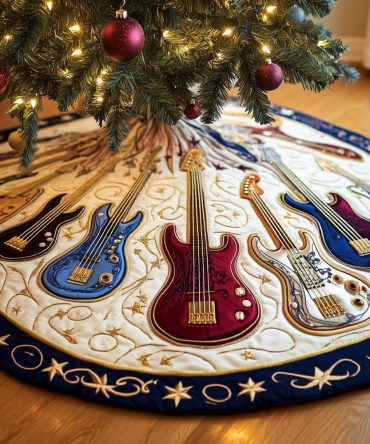 Navy Star Border Custom Christmas Tree Skirt With Guitar Motifs — Quilted Music-Themed Holiday Decor, Handmade & Made-To-Order