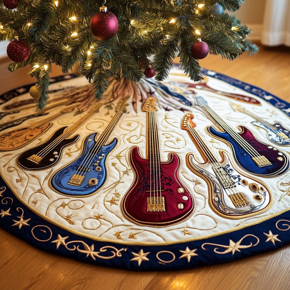 Navy Star Border Custom Christmas Tree Skirt With Guitar Motifs — Quilted Music-Themed Holiday Decor, Handmade & Made-To-Order