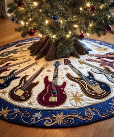 Blue Swirl Border Custom Christmas Tree Skirt With Guitar Prints — Handmade Quilted Holiday Accent For Musicians, Made-To-Order