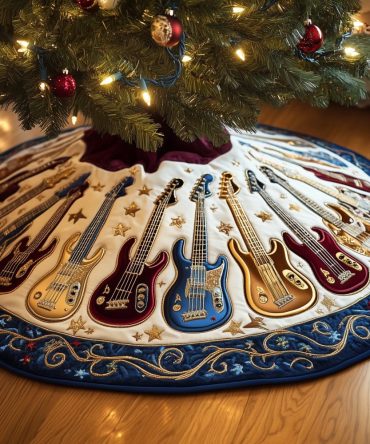Custom Cream & Navy Scallop Christmas Tree Skirt With Guitar Motif — Quilted Holiday Decor For Musicians, Made-To-Order