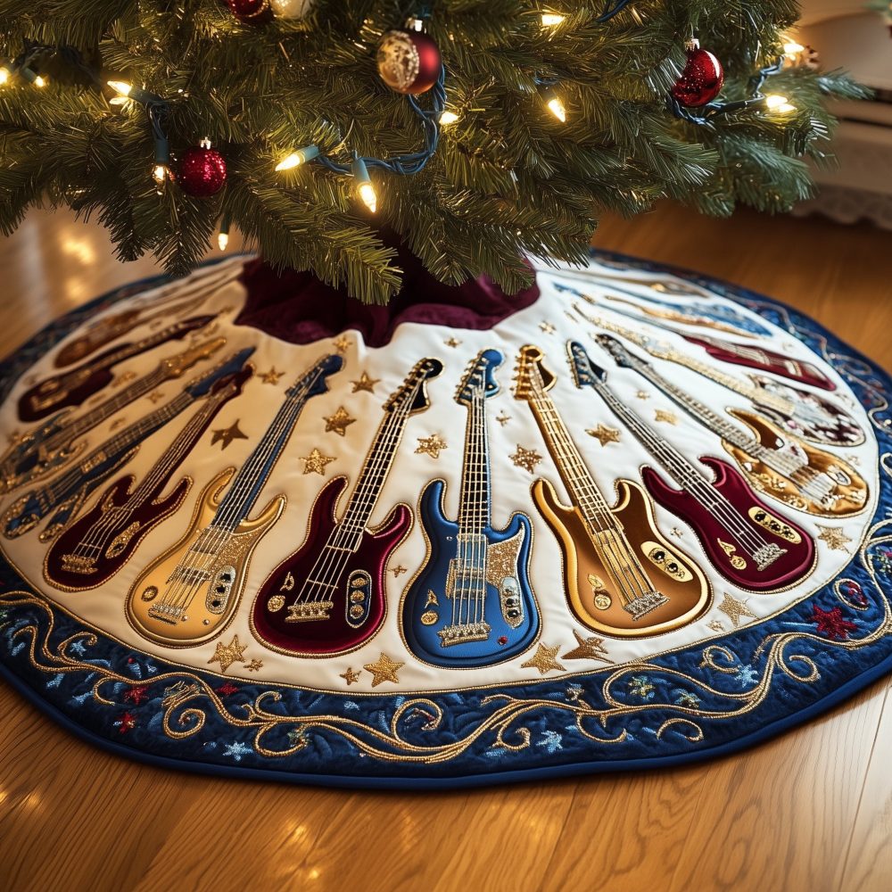 Custom Cream & Navy Scallop Christmas Tree Skirt With Guitar Motif — Quilted Holiday Decor For Musicians, Made-To-Order