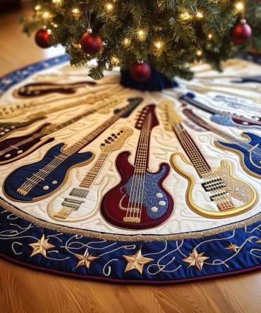 Premium Custom Christmas Tree Skirt With Golden Guitar & Star Band — Handmade Music Lover Holiday Decor, Made-To-Order Gift