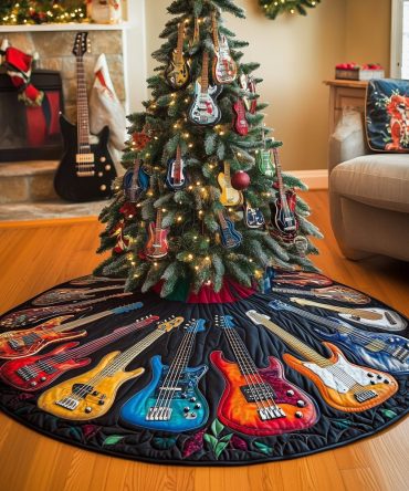Colorful Guitars On Dark Navy Tree Skirt — Handmade Vibrant Music-Themed Holiday Base, Custom Made-To-Order Options