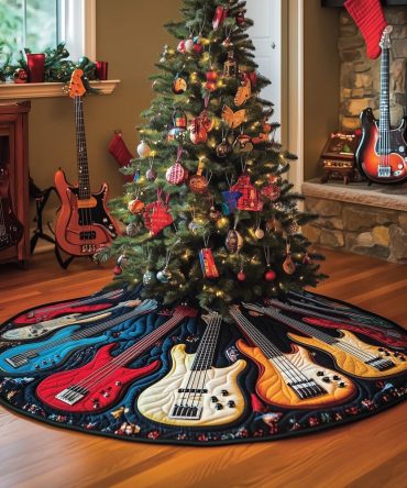 Red & Blue Guitars On Navy Tree Skirt — Handmade Patriotic Music-Themed Holiday Base, Custom Made-To-Order Sizes