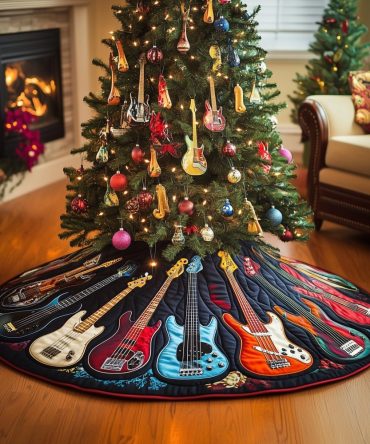 Guitar Collection On Navy Christmas Tree Skirt — Handmade Music Lover’S Holiday Base, Custom Sizes, Made-To-Order