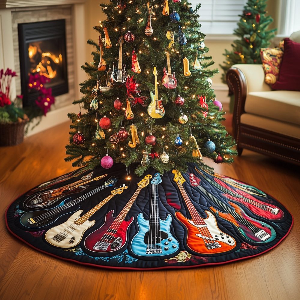 Guitar Collection On Navy Christmas Tree Skirt — Handmade Music Lover’S Holiday Base, Custom Sizes, Made-To-Order