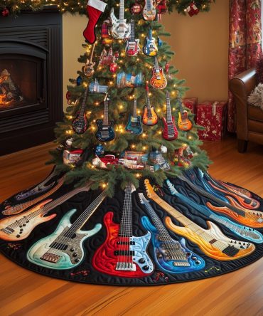 Midnight Blue Guitar Christmas Tree Skirt — Handmade Musician Holiday Base, Custom Made-To-Order, Bold Dark Blue Design