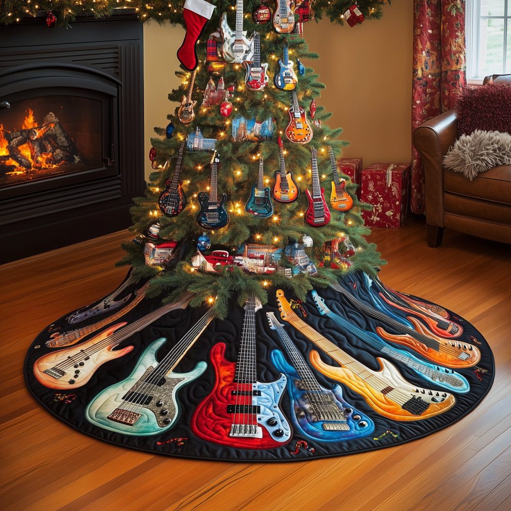 Midnight Blue Guitar Christmas Tree Skirt — Handmade Musician Holiday Base, Custom Made-To-Order, Bold Dark Blue Design