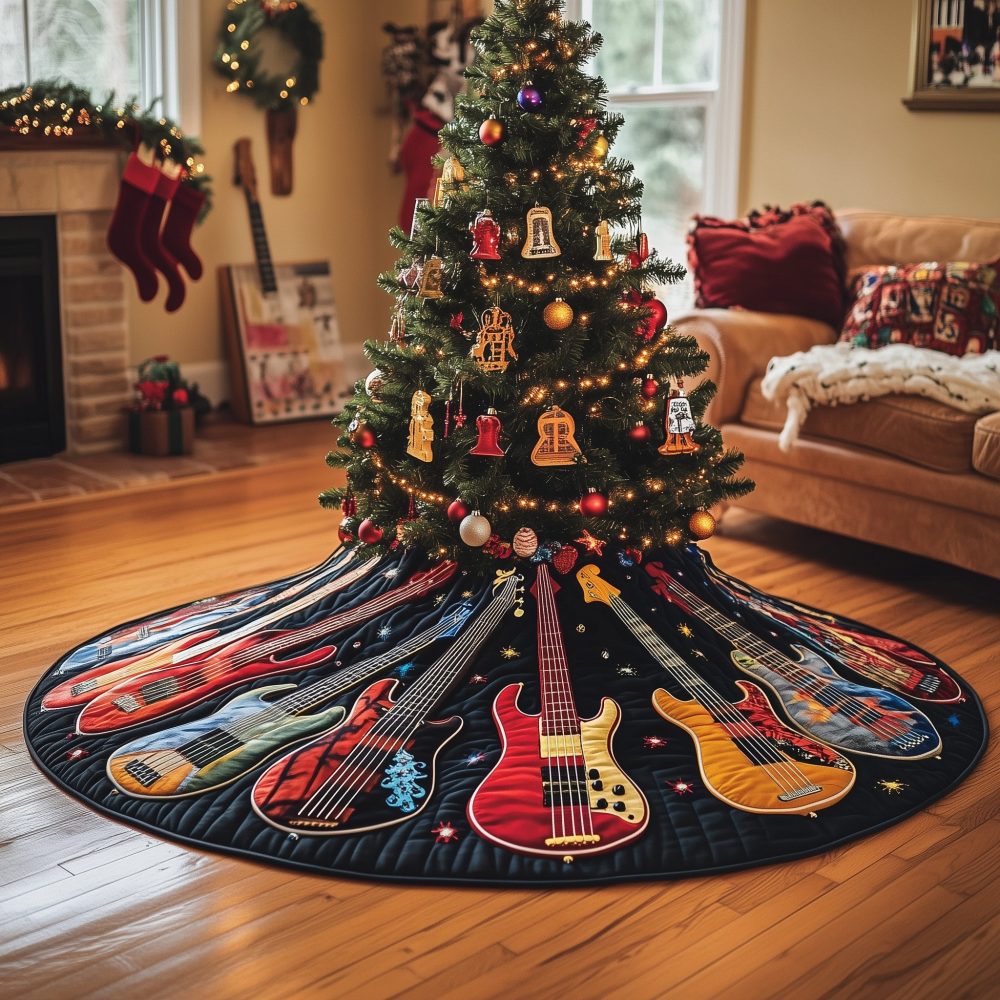 Radiating Guitars On Black Christmas Tree Skirt — Handmade Bold Music Decor, Custom Made-To-Order, Stage-Ready Holiday Base