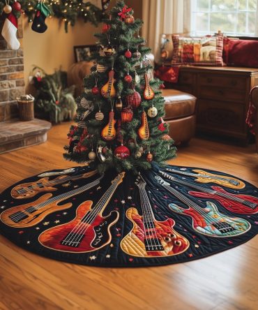 Black & Gold Guitar Tree Skirt — Handmade Bold Music-Themed Christmas Base, Custom Made-To-Order, Dramatic Accent