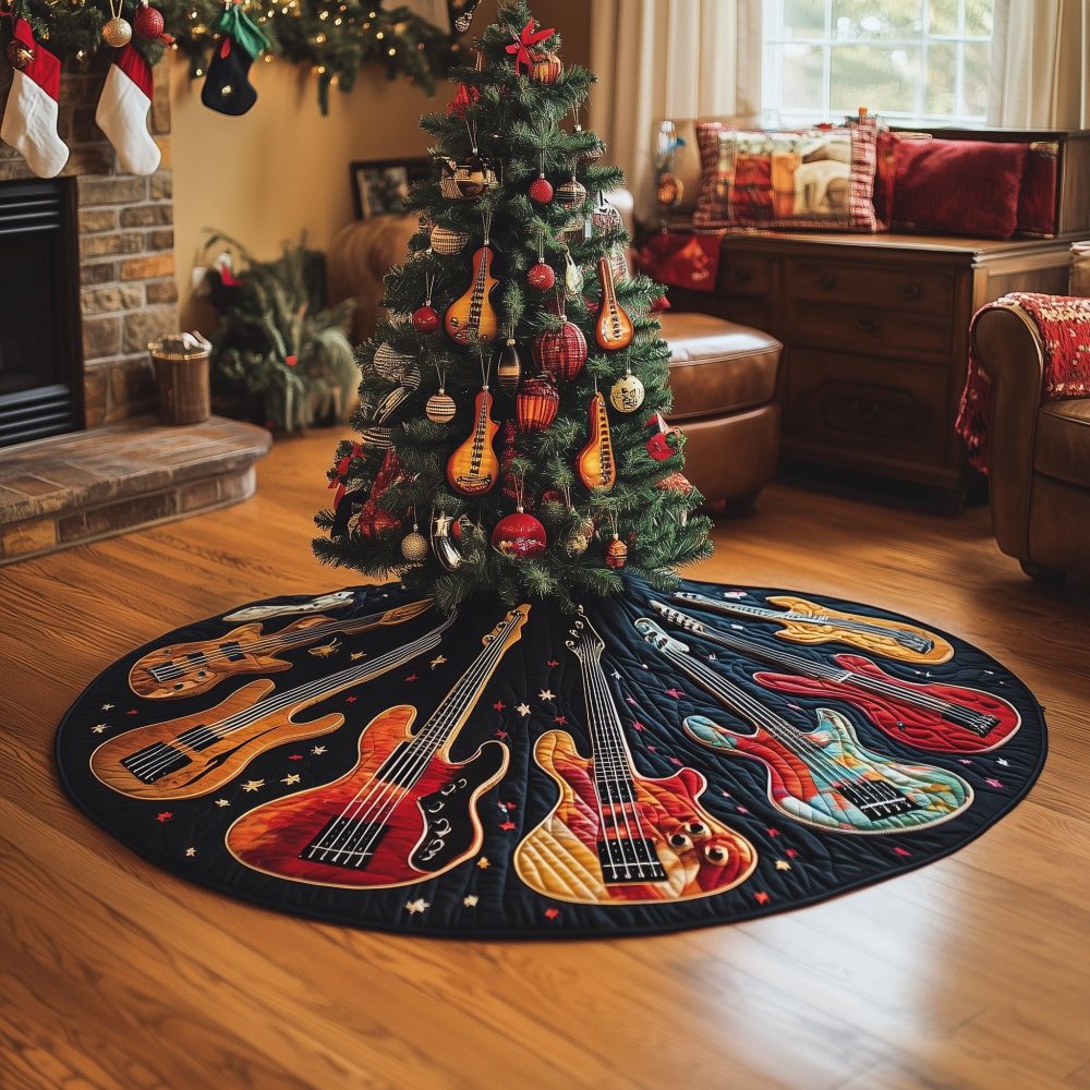 Black & Gold Guitar Tree Skirt — Handmade Bold Music-Themed Christmas Base, Custom Made-To-Order, Dramatic Accent