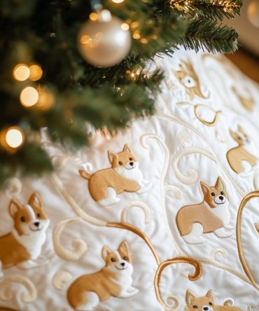 Tiny Corgis On White Gold Swirl Tree Skirt — Handmade Charming Holiday Base, Custom Made-To-Order, Petite Dog Motifs