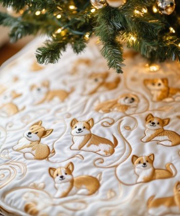 Scattered Corgis On Ivory Christmas Tree Skirt — Handmade Neutral Holiday Base, Custom Sizes, Made-To-Order Accent