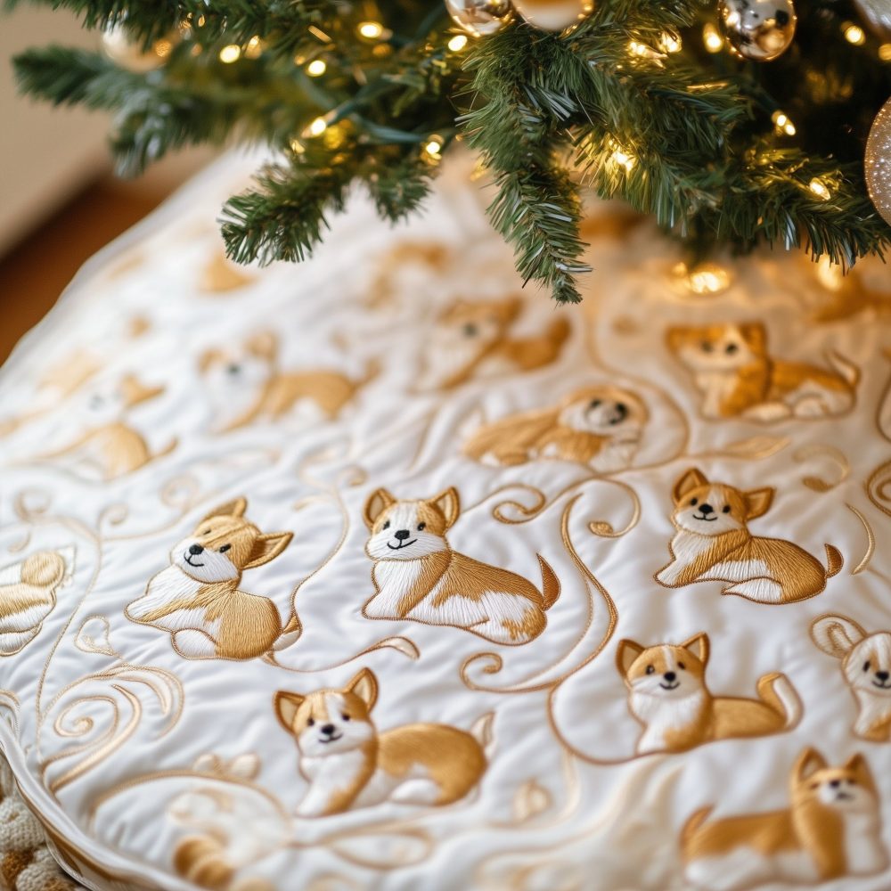 Scattered Corgis On Ivory Christmas Tree Skirt — Handmade Neutral Holiday Base, Custom Sizes, Made-To-Order Accent