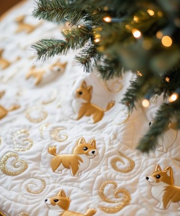 Corgis On Soft White Swirls Christmas Tree Skirt — Handmade Cozy Holiday Base, Custom Made-To-Order, Pet Lover Gift