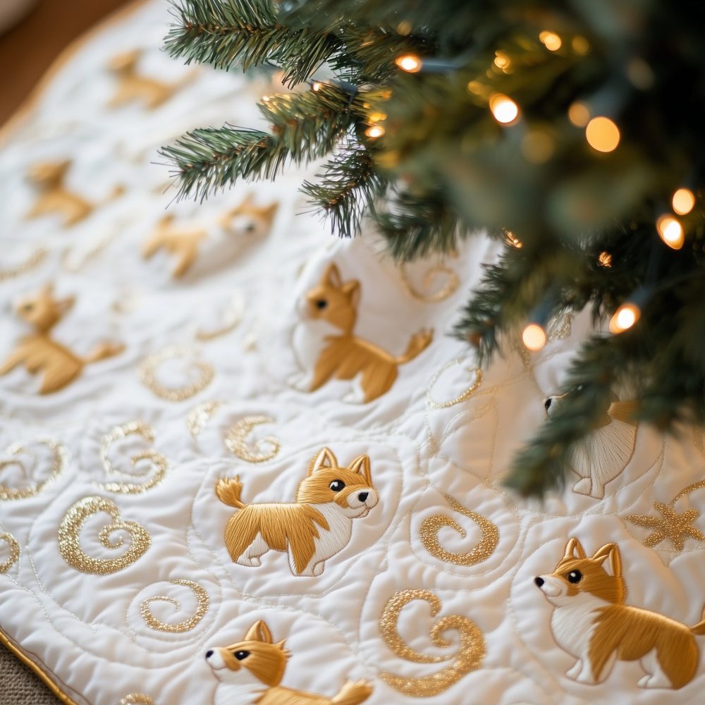 Corgis On Soft White Swirls Christmas Tree Skirt — Handmade Cozy Holiday Base, Custom Made-To-Order, Pet Lover Gift