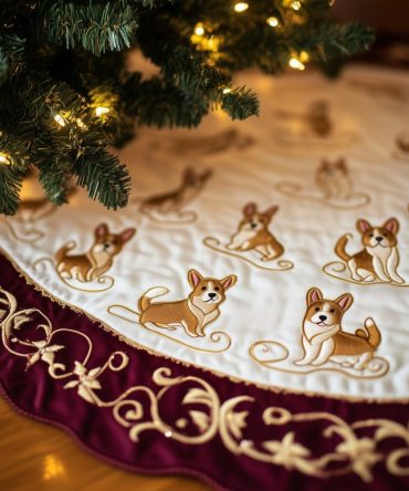 Regal Corgis With Burgundy & Gold Border Tree Skirt — Handmade Luxurious Holiday Base, Custom Made-To-Order Sizes