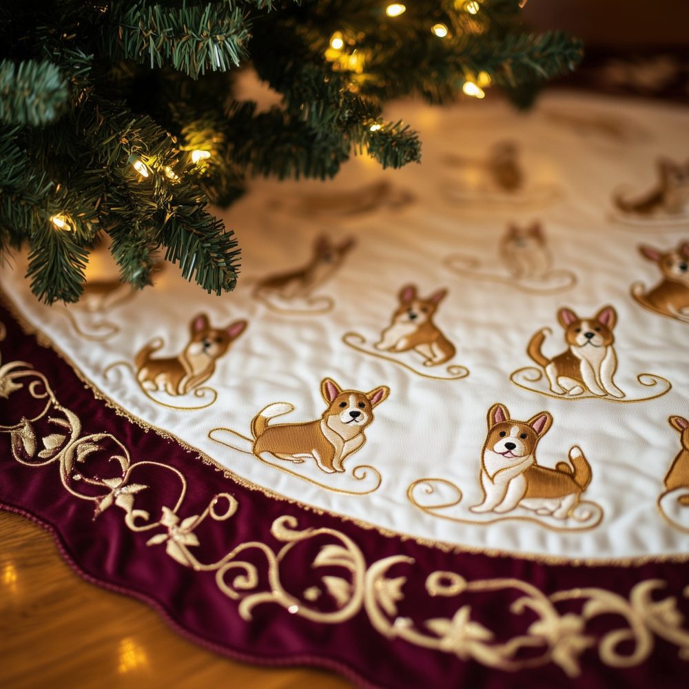 Regal Corgis With Burgundy & Gold Border Tree Skirt — Handmade Luxurious Holiday Base, Custom Made-To-Order Sizes