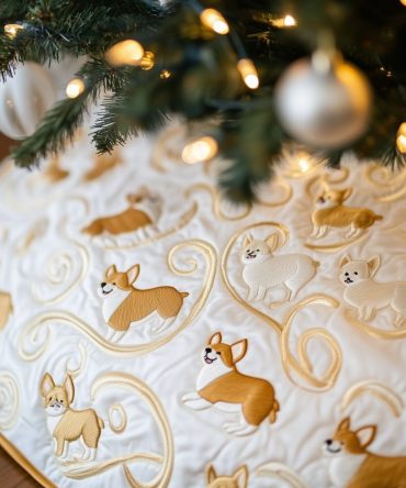 Elegant Corgis On Pale Gold Swirls Tree Skirt — Handmade Holiday Tree Base, Custom Made-To-Order, Luxury Gold Accents