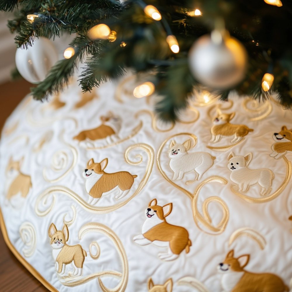 Elegant Corgis On Pale Gold Swirls Tree Skirt — Handmade Holiday Tree Base, Custom Made-To-Order, Luxury Gold Accents