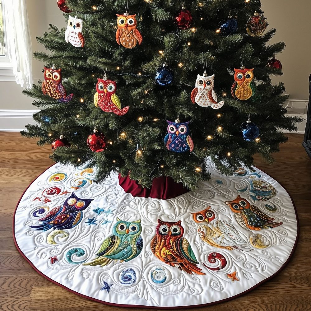 Colorful Owls On White Swirls Christmas Tree Skirt — Handmade, Custom Made-To-Order, Bright Holiday Tree Base Cover
