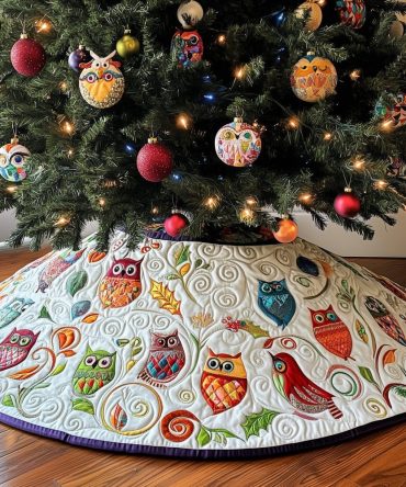 Bright Owl Ring On White Christmas Tree Skirt — Handmade Vibrant Owl Design, Custom Sizes, Made-To-Order Holiday Accent