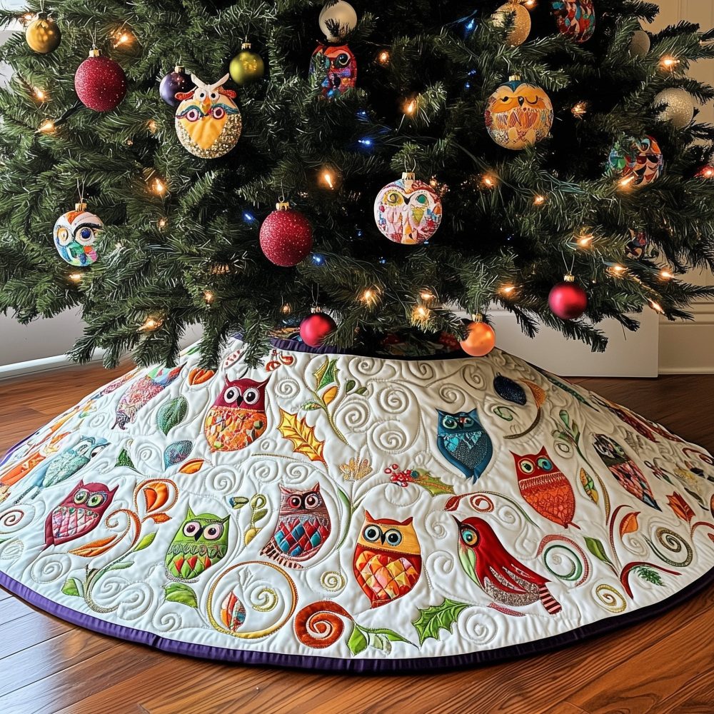 Bright Owl Ring On White Christmas Tree Skirt — Handmade Vibrant Owl Design, Custom Sizes, Made-To-Order Holiday Accent