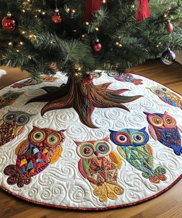 Handmade Jewel-Tone Owl Christmas Tree Skirt — Colorful Owl Ring Around Tree, Custom Made-To-Order, Multiple Sizes