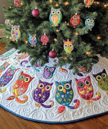 Row Of Rainbow Owls Christmas Tree Skirt — Handmade White Background, Custom Made-To-Order, Vibrant Holiday Base Cover